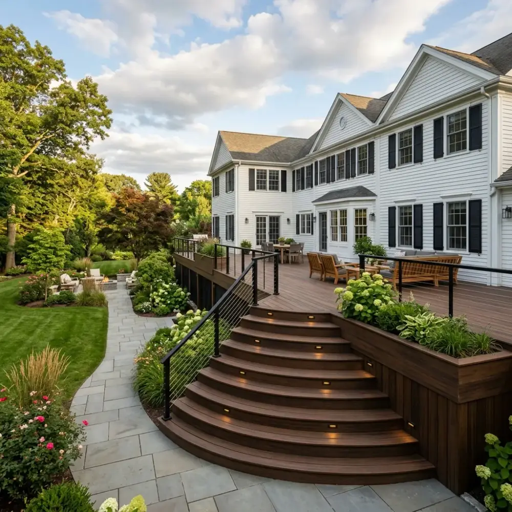 Newton modern multi-level composite deck with grand staircase, hidden fasteners and recessed step lighting