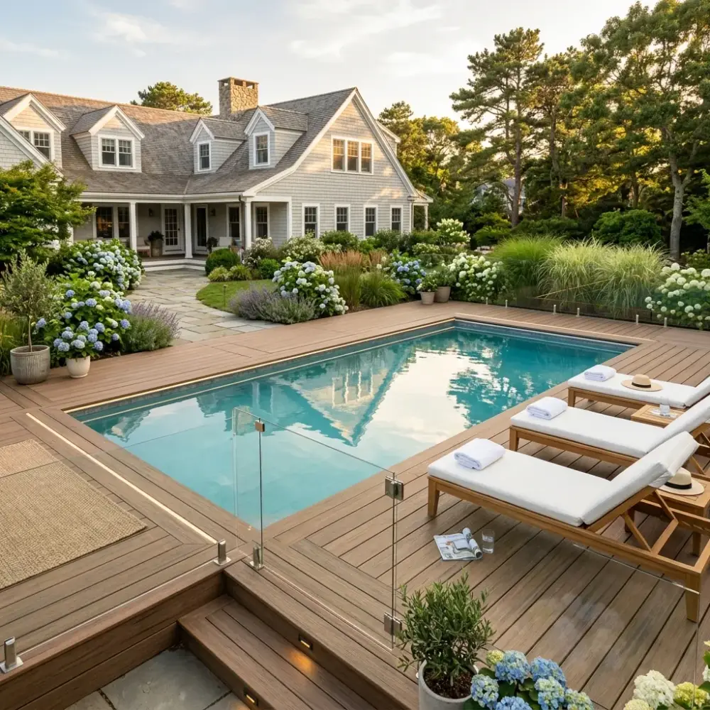 Brookline poolside deck with frameless glass railings, integrated lighting and warm-toned composite boards