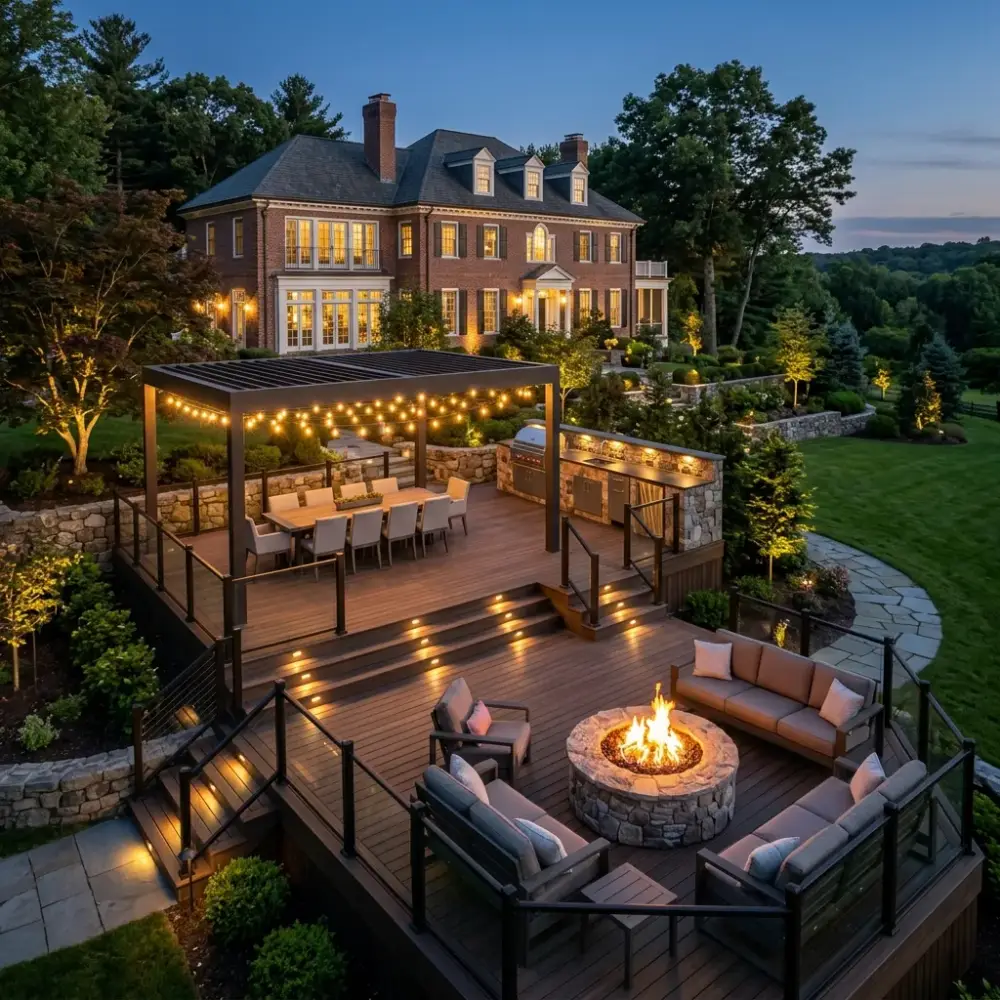 Chestnut Hill outdoor living redesign with multi-level deck, pergola dining, outdoor kitchen and glass railings