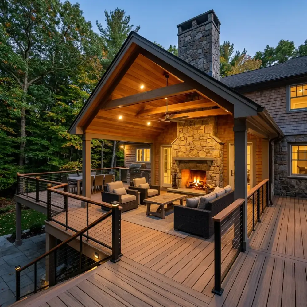 Weston backyard retreat featuring covered porch with cedar ceiling, stone fireplace and wraparound composite deck