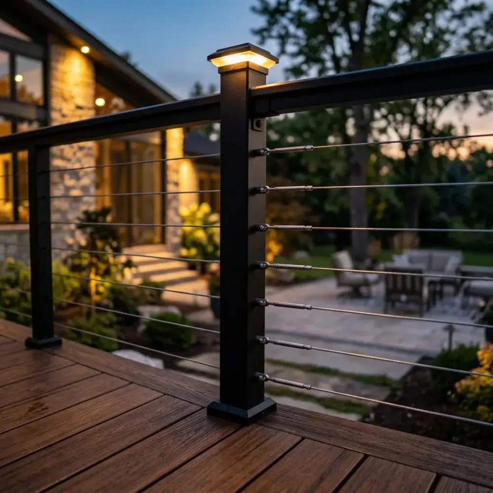 Premium black aluminum railings with integrated low-voltage LED post cap and step lighting